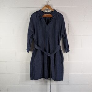 Ann Mashburn Dress Womens M Blue Navy Chambray Cotton Linen Midi Belted